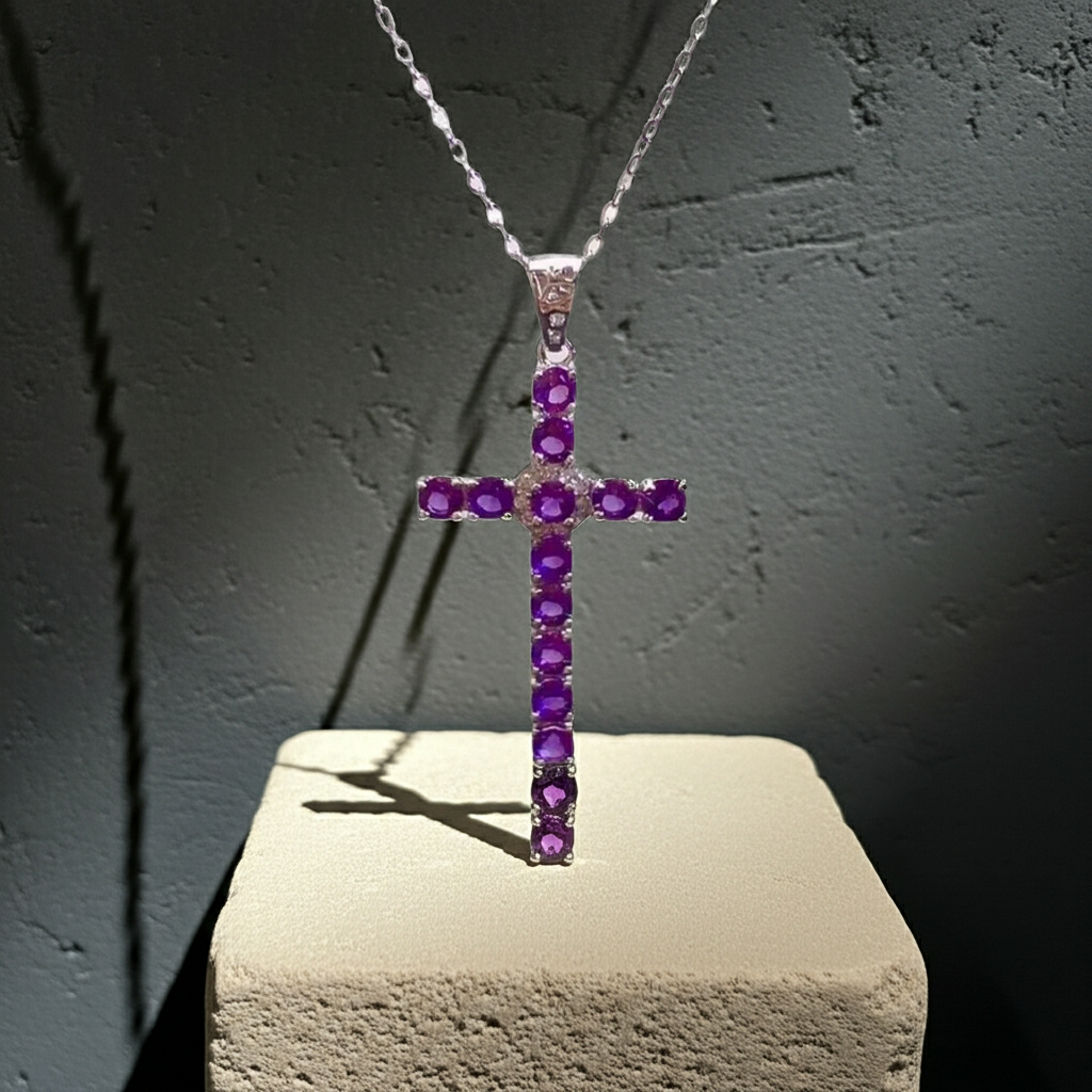 Natural Amethyst Cross Necklace 3mm 925 Sterling Silver
