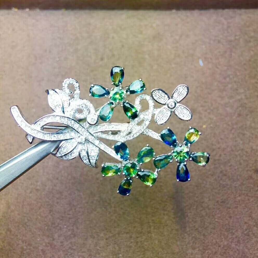 Natural Blue Green Sapphire Flower Bouquet Broach, Natural Sapphire Flower Broach Pin, Women's Gemstone Flower Broach
